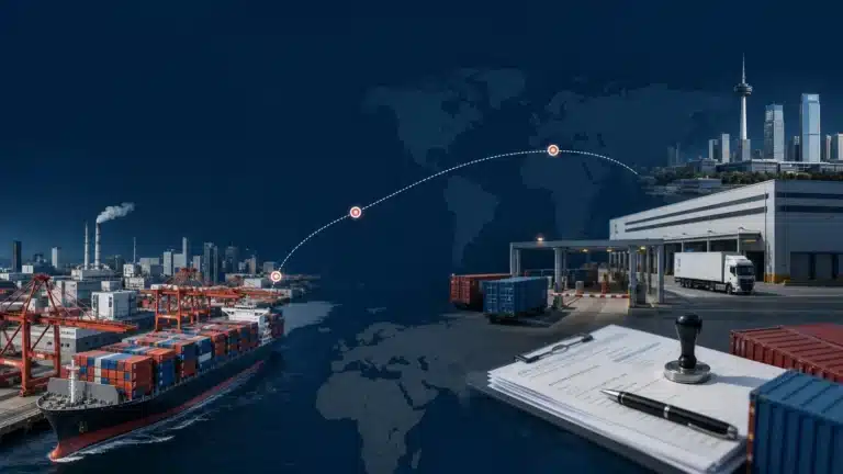 Cargo containers traveling from a Chinese port toward a German logistics and customs facility.