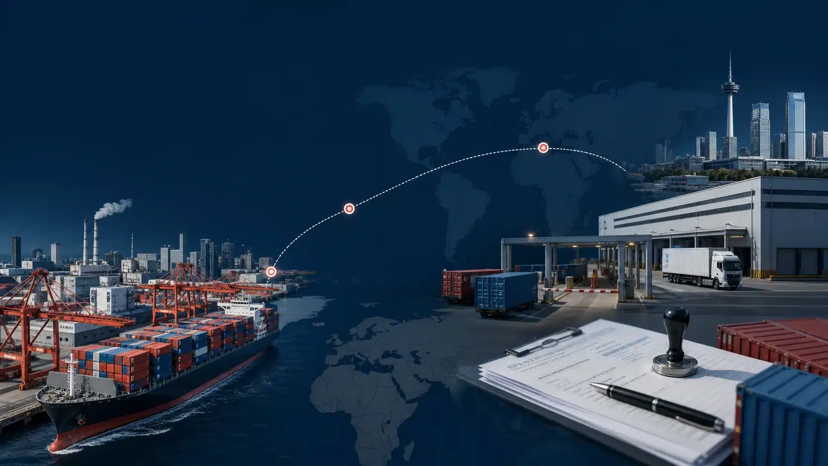 Cargo containers traveling from a Chinese port toward a German logistics and customs facility.