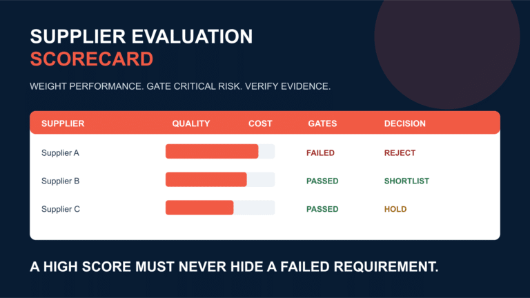 Supplier evaluation dashboard comparing quality cost compliance capacity and risk with mandatory decision gates.