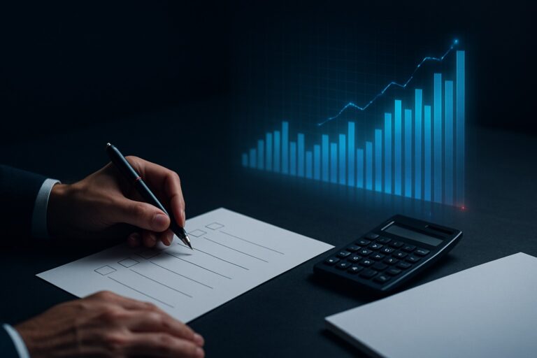 Finance executive reviewing a supplier switch checklist with a calculator and a cost chart.