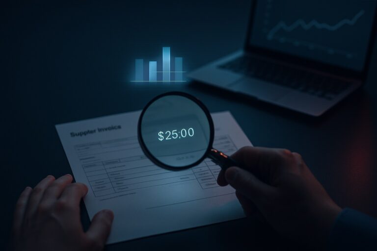 Buyer checking a supplier invoice against a market price benchmark with a magnifying glass.