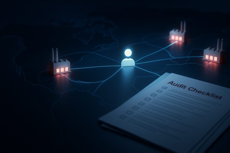 Buyer connected to a main factory and a qualified backup supplier, with an audit checklist.