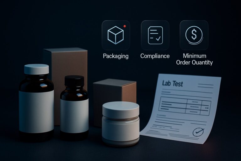 Supplement and cosmetics packaging with lab test report and cost categories for packaging, compliance and MOQ.
