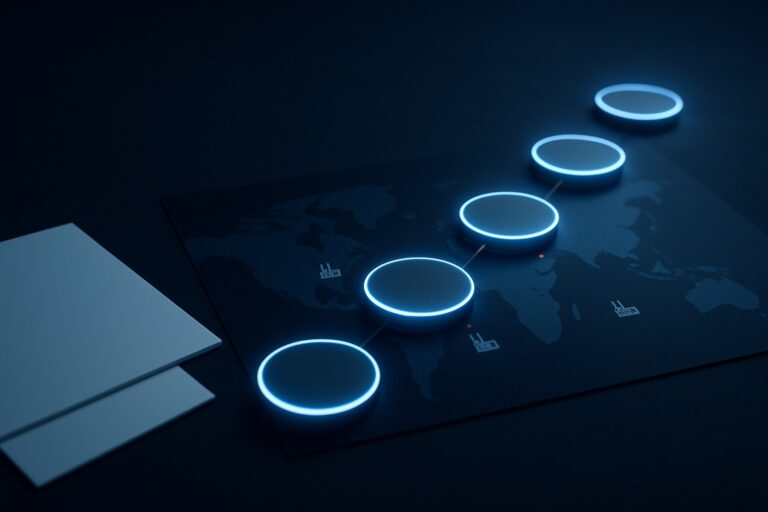Six connected stages of a procurement benchmark over a world map of factories.